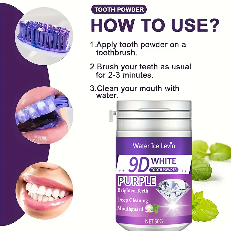 9D White Purple Toothpowder. B - Teeth Whitening Instant บทวิจารณ์และราคา
